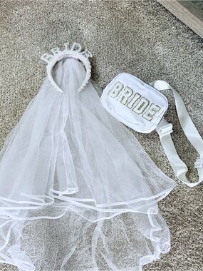 White Bride Veil Headband and Sash Set